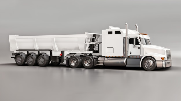 Large white American truck with a trailer type dump truck for transporting bulk cargo on a gray background. 3d illustration.