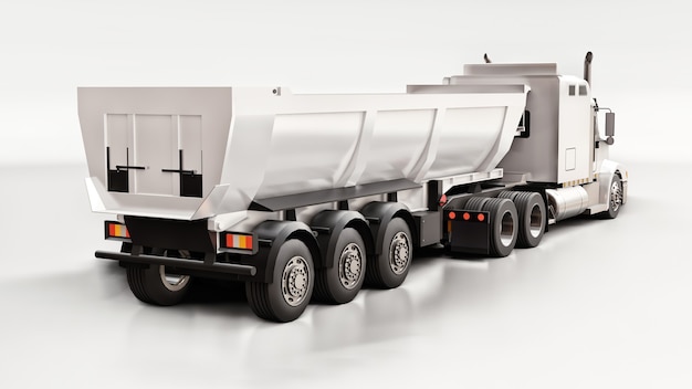 Large white American truck with a trailer type dump truck for transporting bulk cargo on a gray background. 3d illustration.