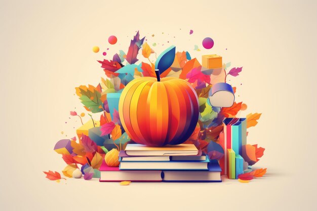 large white apple on a stack of books with a pumpkin on top with autumnal leafs education