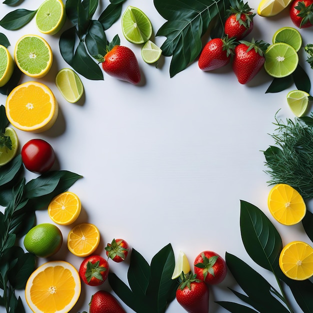 A large white background with a variety of fruits and