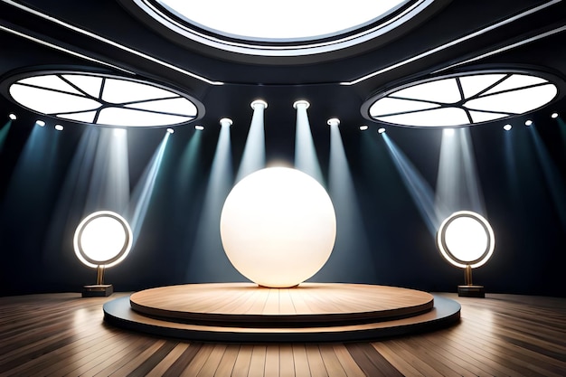 A large white ball on a stage with lights on the ceiling