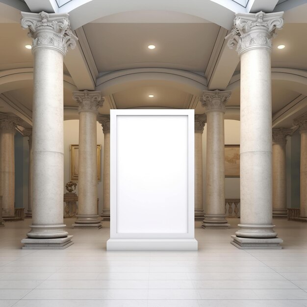 A large white banner in a large room with columns and a ceiling with columns.