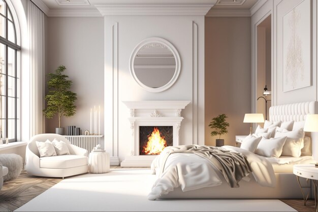 A large white bedroom with a fireplace in the corner Generative AI