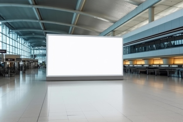 A large white billboard in an airport with a blurred background