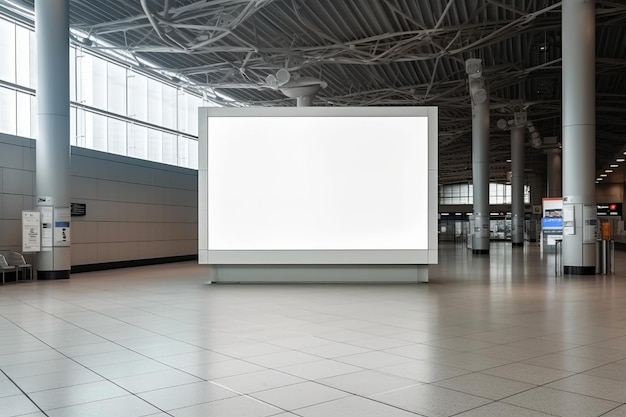 A large white billboard in an airport with a large white screen in the middle.