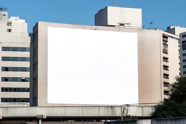 푸른 하늘을 배경으로 한 건물에 커다란 흰색 광고판이 있습니다.