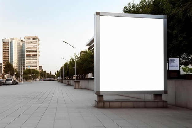 A large white billboard in a city with a building in the background.