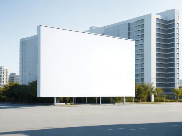 A large white billboard in front of a building with a building in the background.