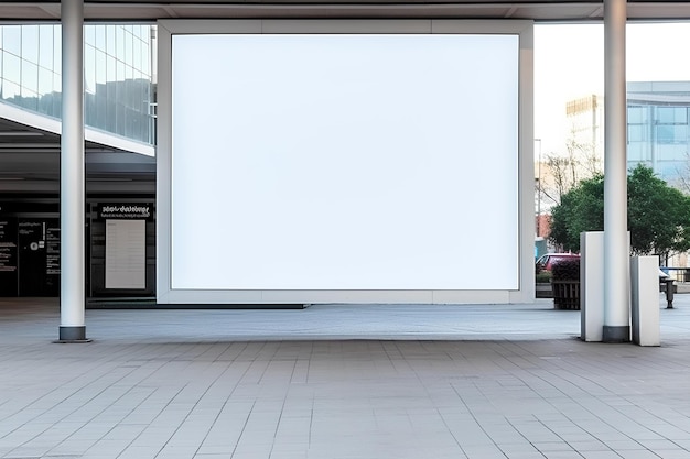 A large white billboard is in a city square with columns and a sidewalk in front of it