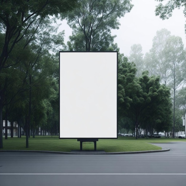 A large white billboard is on a street with trees in the background