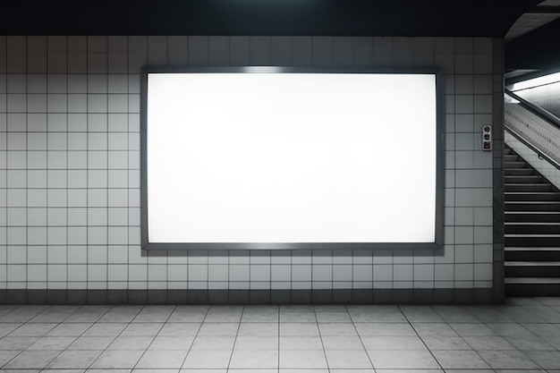 A large white billboard is on a wall in a subway.