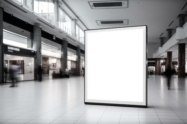 A large white billboard in a mall with a sign that says a white light.