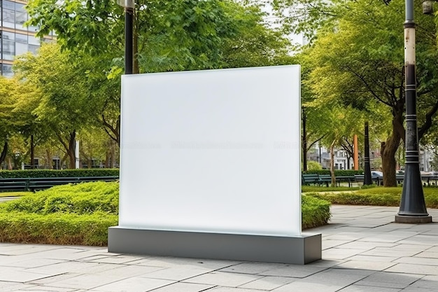 A large white billboard in a park with trees in the background.