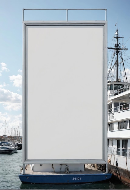 a large white billboard on the side of a boat