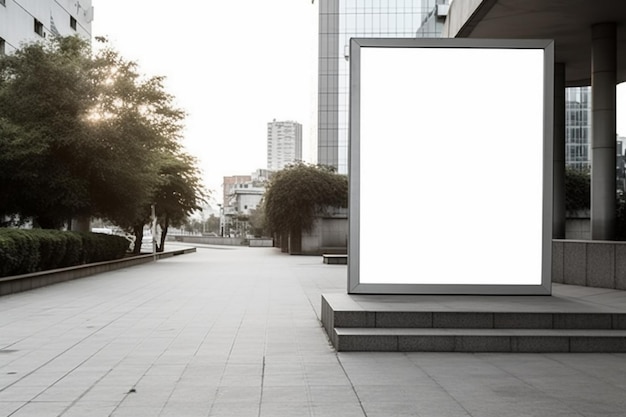 A large white billboard on a sidewalk with a city in the background.