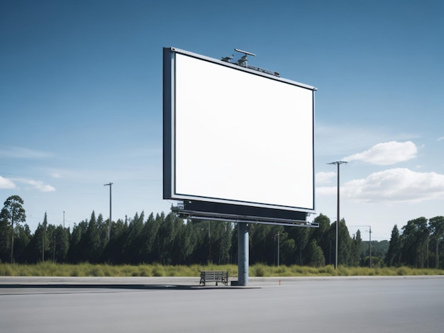 A large white billboard with a bench on the side of it.