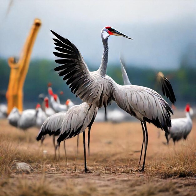 Photo a large white bird with a red head and black wings stands in a field with other birds