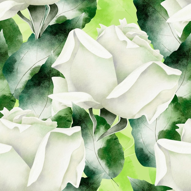 葉の水彩画のシームレスなパターンの中に大きな白い咲くバラ