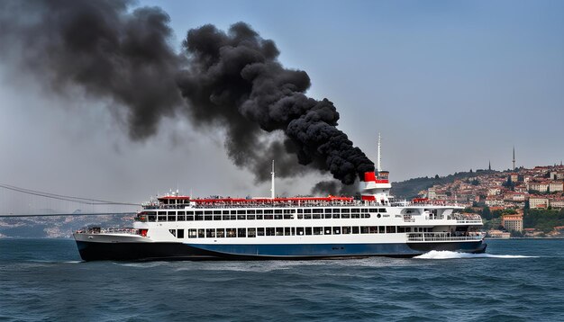 a large white and blue boat with a black smoke billowing out of the top