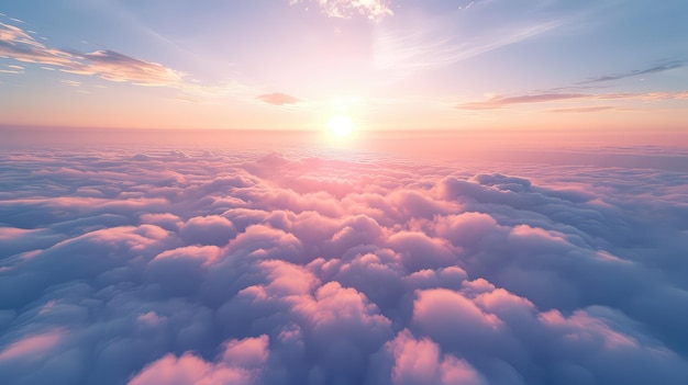柔らかい空の背景に大きな白と青の雲が太陽の光線を通して白い雲の空のトップビュー