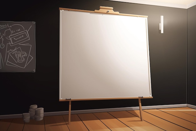 A large white board is on a wooden floor next to a wall with a clock and a lamp.