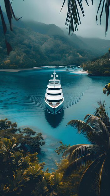 Photo a large white boat in a body of water surrounded by trees and bushes and mountains in the background