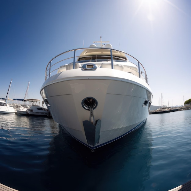 A large white boat is docked in a marina.