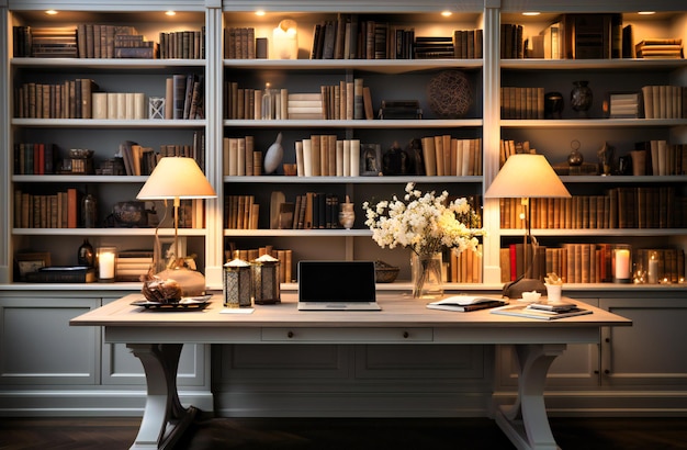 a large white bookcase with a desk