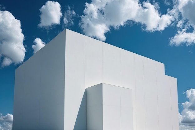 푸른 하늘과 흰 구름을 배경으로 한 대형 흰색 건물 벽 현대적인 건물 디자인 미니멀리스트 스타일