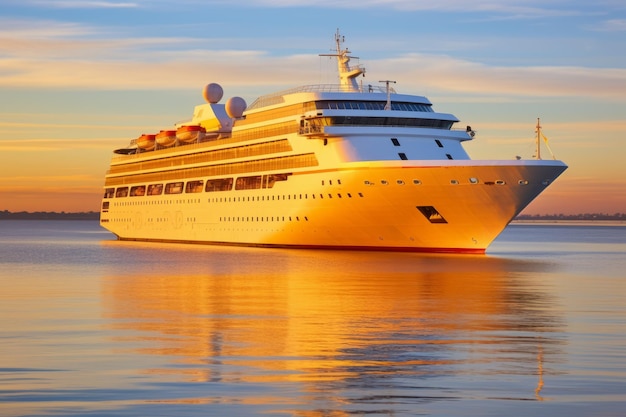 Photo a large white cruise ship sails on a calm sea at sunset