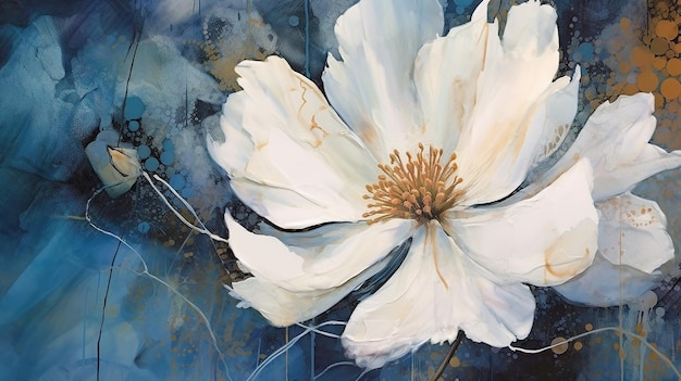 Large white flower and dark blue background drawn in alcohol ink art Generative AI