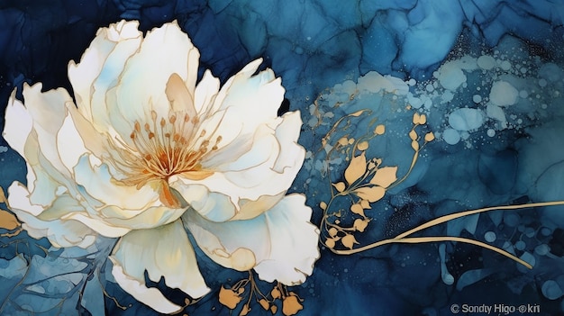 Large white flower and dark blue background drawn in alcohol ink art Generative AI