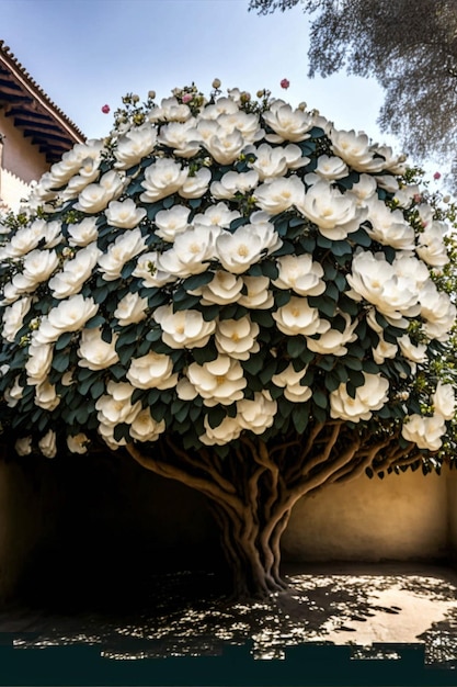 Large white flowered tree in front of a building generative ai