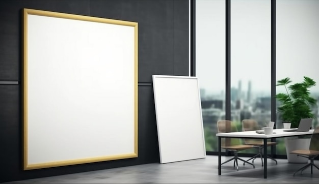 A large white frame in a black room with a window and a table with a coffee table.