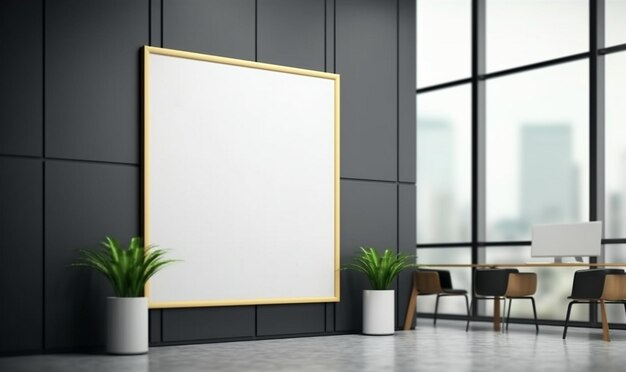 A large white frame on a black wall with a table and two plants on it.