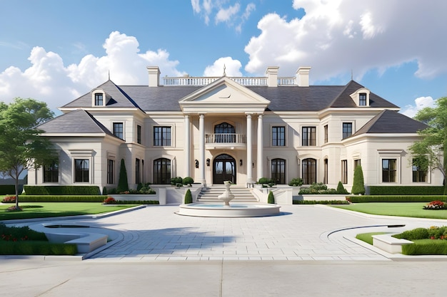 Photo a large white house a mansion with a large front door and a fountain in front of it