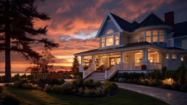 Photo large white house overlooking lush green field