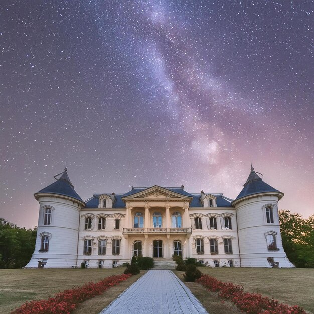 a large white house with a star - filled sky behind it