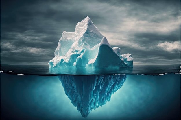 Large white iceberg floating ocean with underwater view