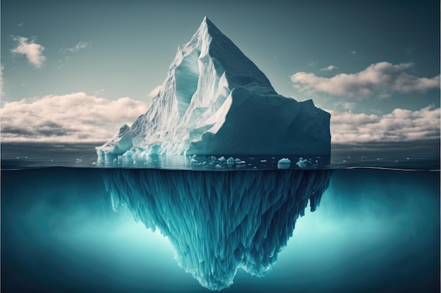 Large white iceberg floating ocean with underwater view