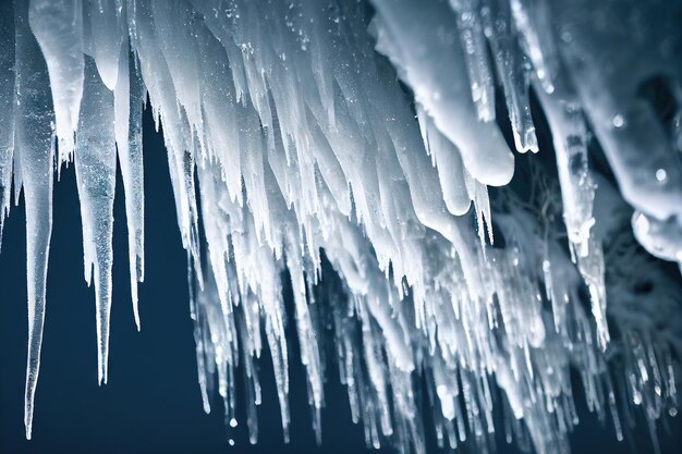 写真 暗い背景の家に大きな白いつらら