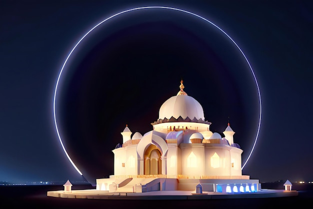 A large white mosque lit up at night