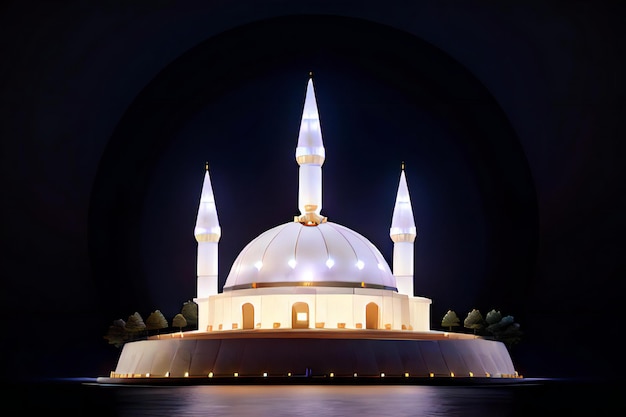 大きな白いモスクが夜にライトアップされる