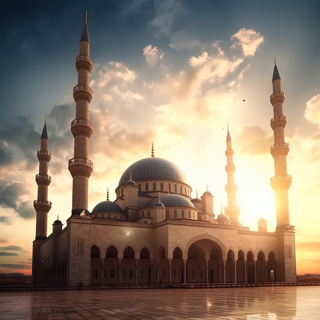 A large white mosque with a blue dome and the sun is setting behind it.