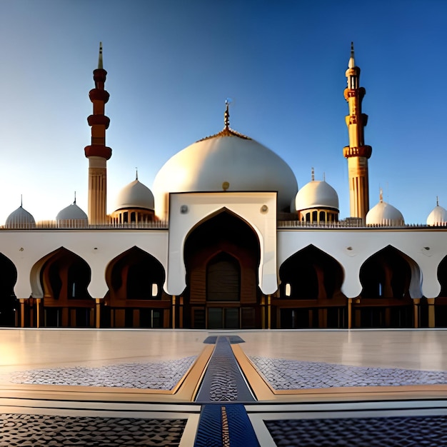 A large white mosque with a blue sky in the background.