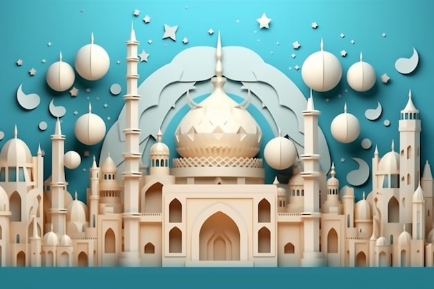 A large white mosque with a dome and many stars generative ai