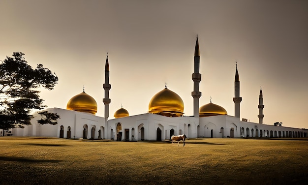 A large white mosque with a golden roof and a white building with a black and gold roof.