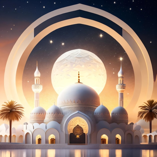 A large white mosque with a large moon in the background.