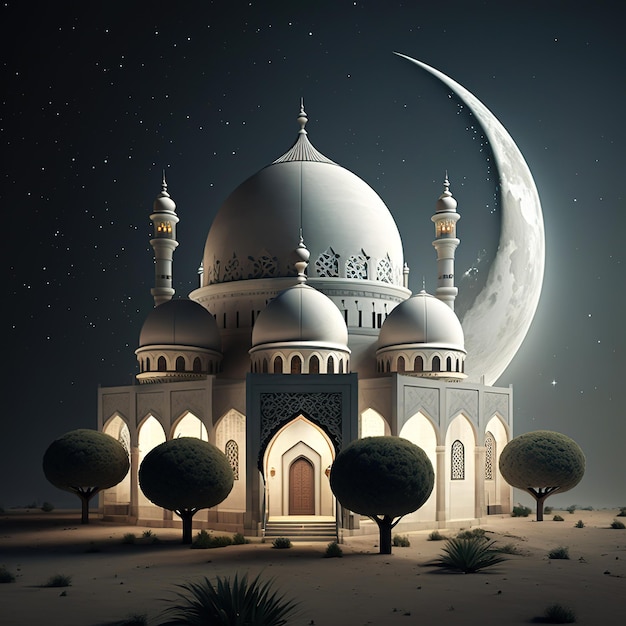 A large white mosque with a moon in the background.