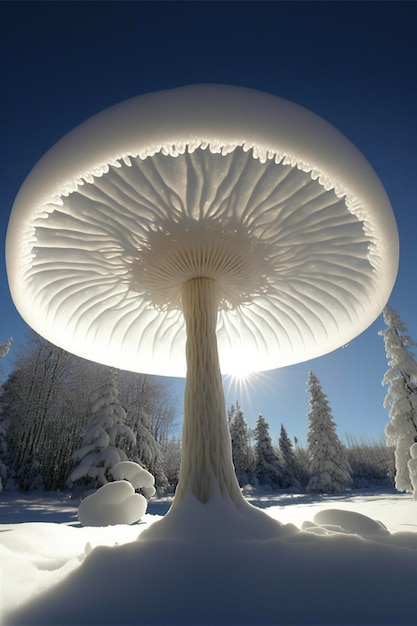 Large white mushroom sitting on top of a snow covered ground generative ai